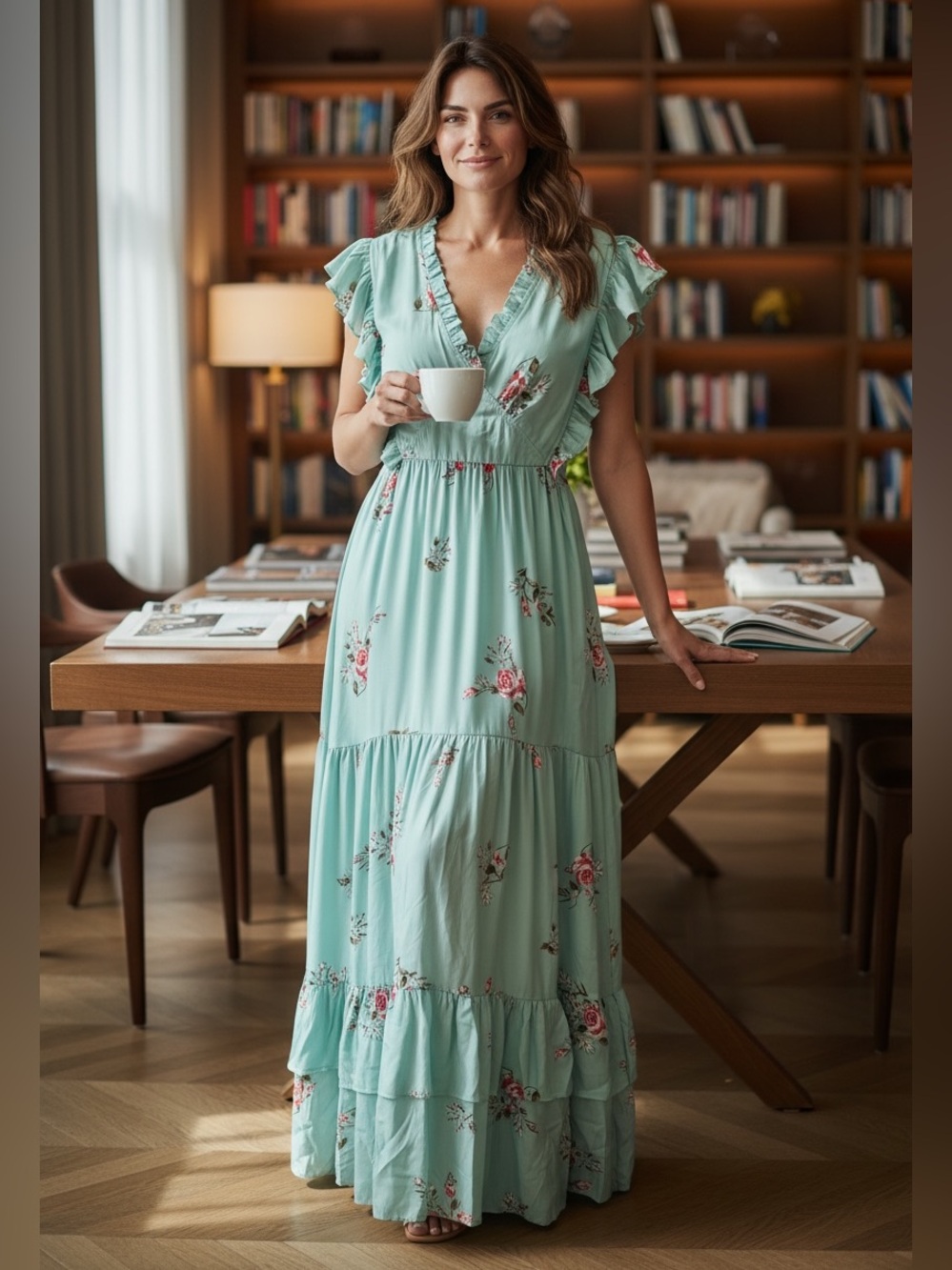 Laroque Original Floral Ruffle Tiered Maxi Dress in Mint